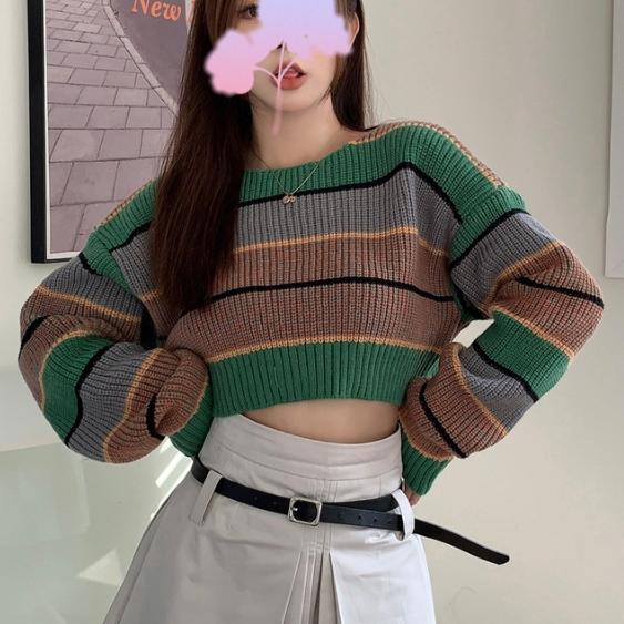 [L2M] Áo len nữ Montoghi dệt kim cổ tròn TAY DÀI dáng CROPTOP kẻ sọc xanh loại 1 phong cách Hàn Quốc cá tính