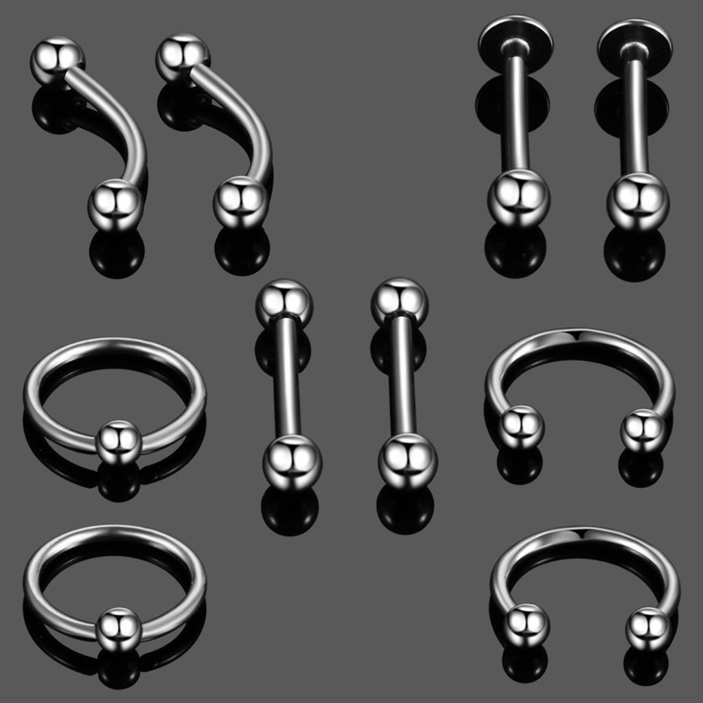 10 Pieces Stainless Steel Nose Lip Tongue Eyebrow Tragus Navel Belly Ring Piercings 16g