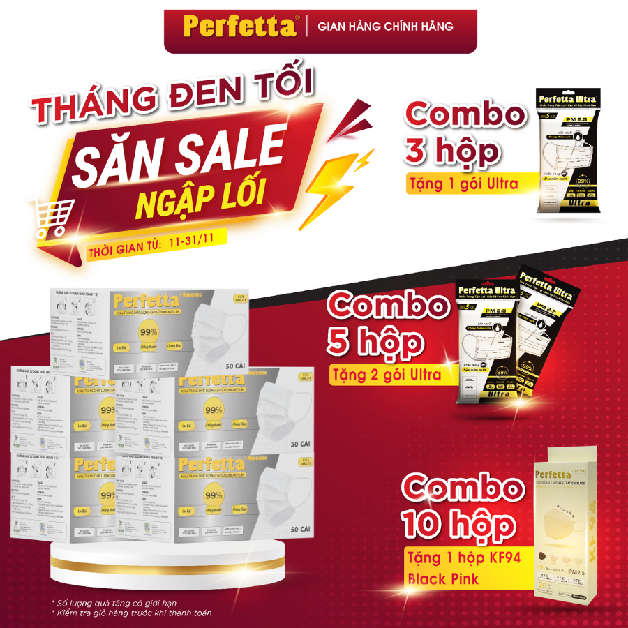 [Combo 5 HỘP - PERFETTA MODERATE] - Khẩu Trang Y Tế Chất Lượng Cao, Kháng Khuẩn, Chống Bụi Mịn, Màu Trắng, 3 Lớp, Bảo Vệ Tối Ưu - (50 cái/hộp)