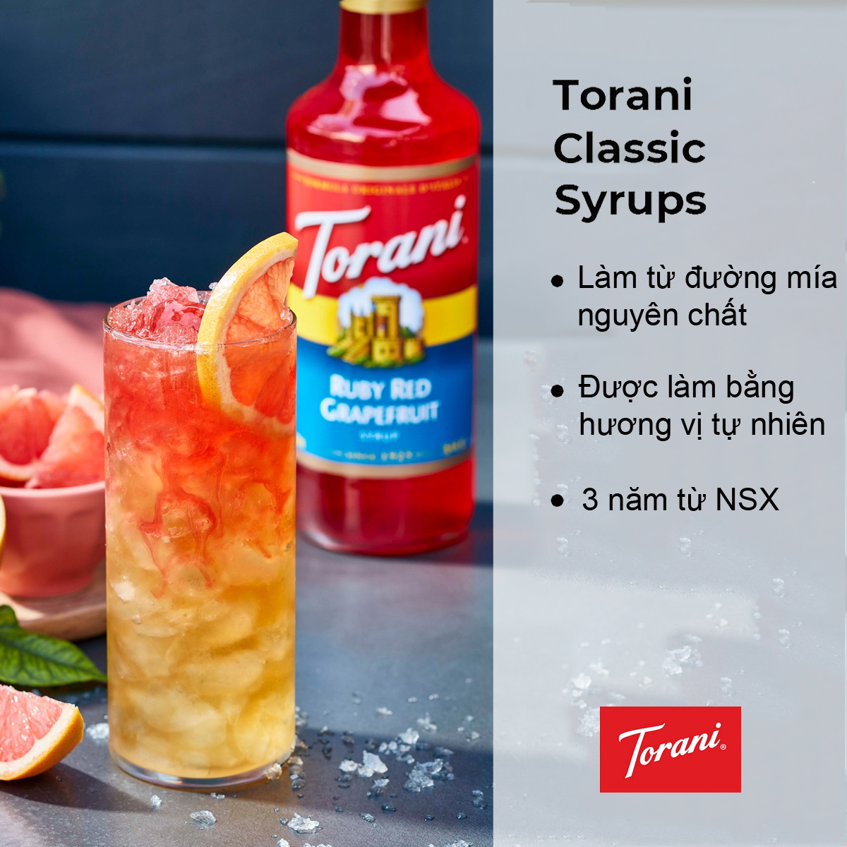 Siro Pha Chế Vị Bưởi Hồng Torani Classic Ruby Red Grapefruit Syrup 750ml Mỹ