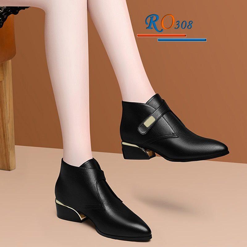Boot thời trang nữ da lì cao cấp ROSATA RO308 4p gót trụ - Đen, Kem - HÀNG VIỆT NAM - BKSTORE
