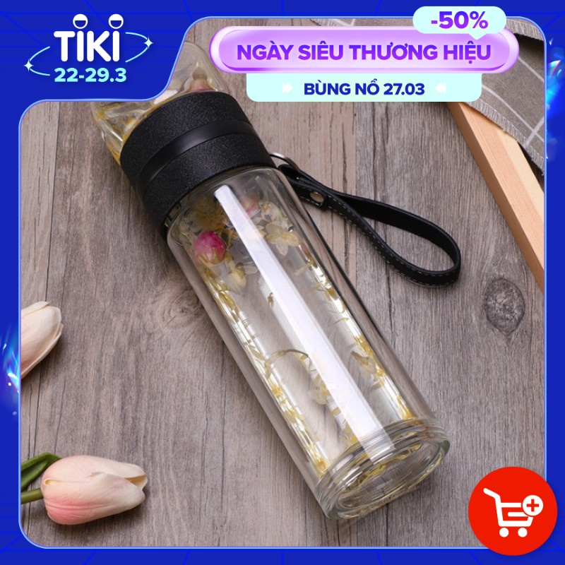 Bình lọc trà, pha trà 2 tầng, Bình thủy tinh 2 lớp có lọc trà inox 304 dung tích 500ml - Hàng chính hãng