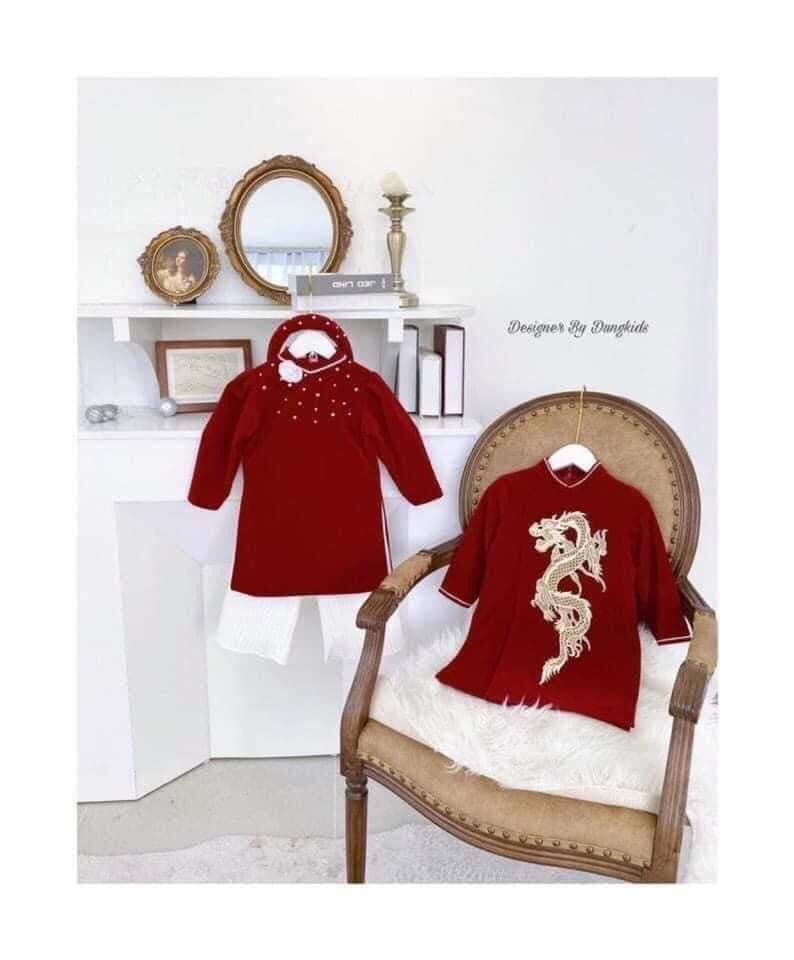 Áo dài cách tân nhung cao cấp mẫu mới cho bé trai bé gái từ 12kg đến 25kg( màu đỏ