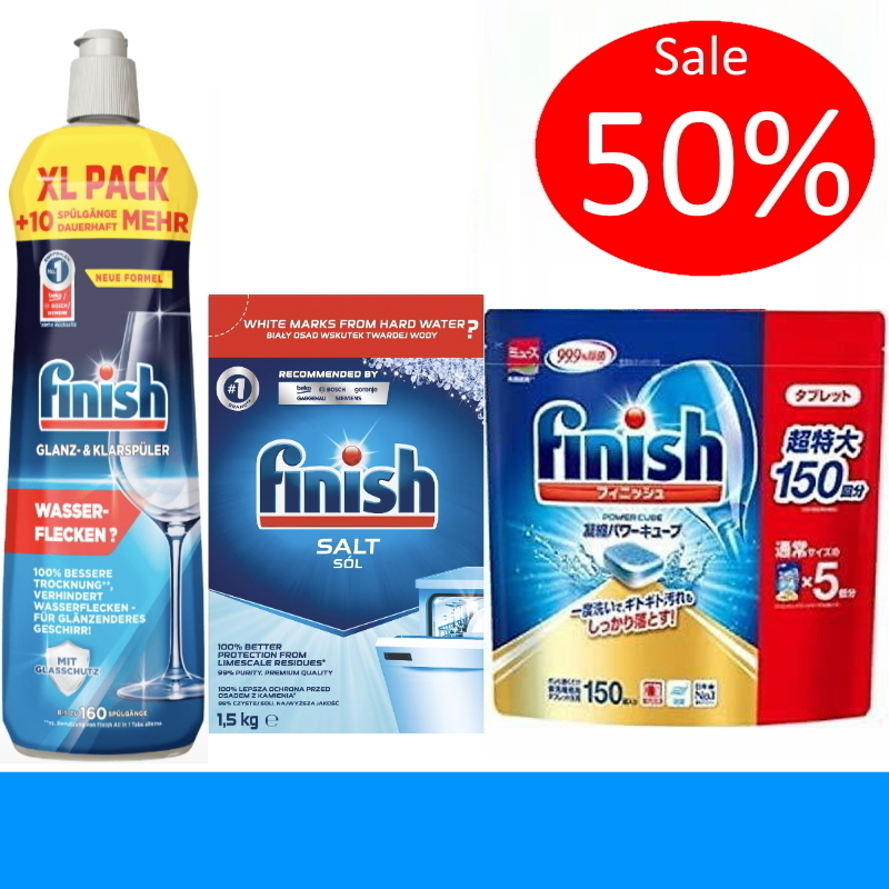 Combo Viên Rửa Bát Finish All In One 100 Viêndung Dịch Nước Làm Bóng Finish 800Ml Muối Rửa Bát Finish 1.5Kg Cho Máy Rửa Bát - Combo 150 Viên Muối 1.5Kg Bóng 800Ml