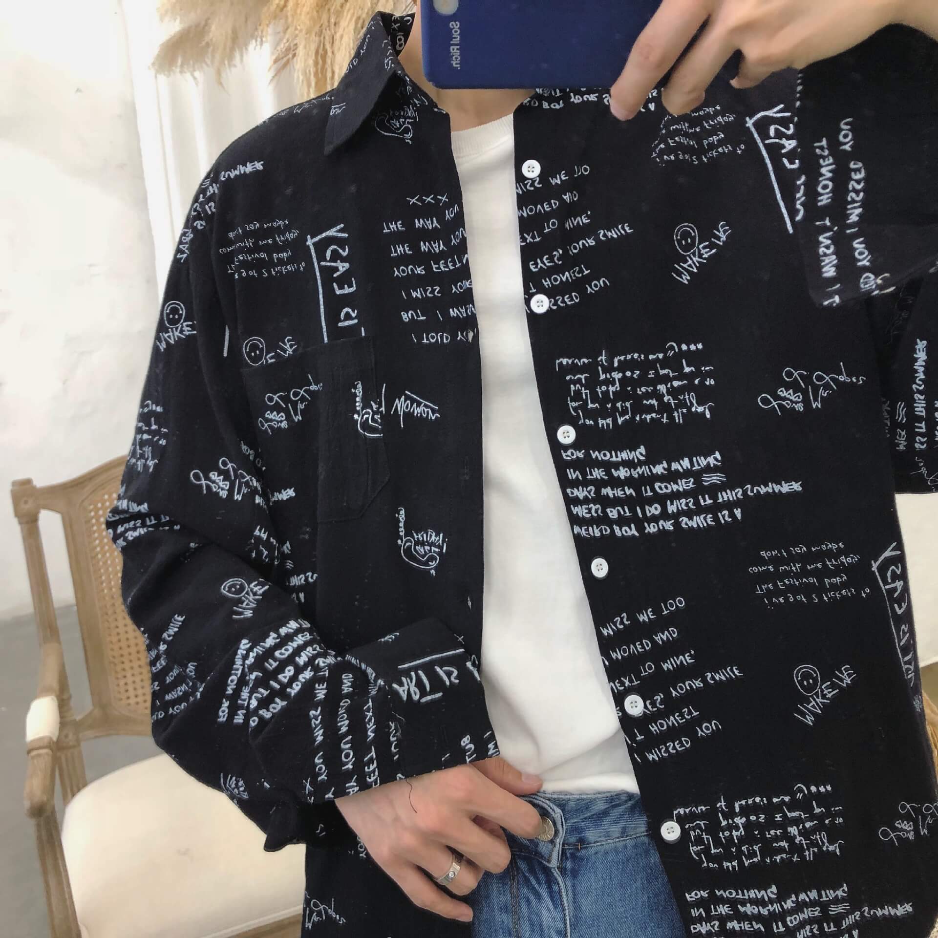 Áo sơ mi/Áo khoác nam, dài tay, họa tiết chữ cái, phong cách Hàn Quốc, kiểu dáng rộng rãi TA157