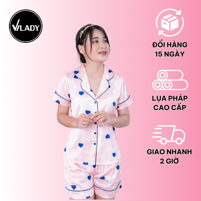 Bộ Đồ Pijama Nữ, đồ bộ Mặc Nhà Quần đùi tay cộc VILADY B152 Chất liệu Lụa Pháp (Lụa Latin) cao cấp Họa tiết Tim Bi Màu Hồng cam