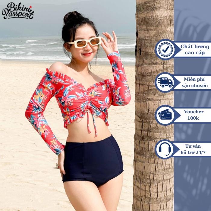 Áo bơi NỮ lẻ BIKINI PASSPORT kiểu tay dài phối nhún đường viền - màu Đỏ - BS333_RD