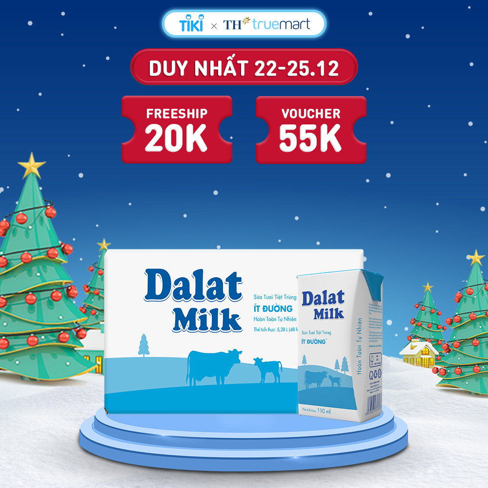 Thùng 48 hộp sữa tươi tiệt trùng Dalatmilk ít đường 110 ml (110 ml x 48)