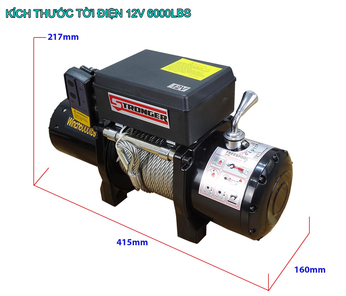 Tời điện kéo xe lực kéo 6000lbs tải trọng kéo 2600kg, cáp 5.5ly dài 15m, phanh cơ khí, động cơ 12V DC