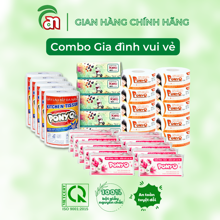 Combo PONYO gia đình vui vẻ: 10 Giấy vệ sinh cuộn lớn, 10 gói Khăn giấy, 5 cuộn Khăn giấy lau bếp và 5 Hộp Khăn giấy lụa