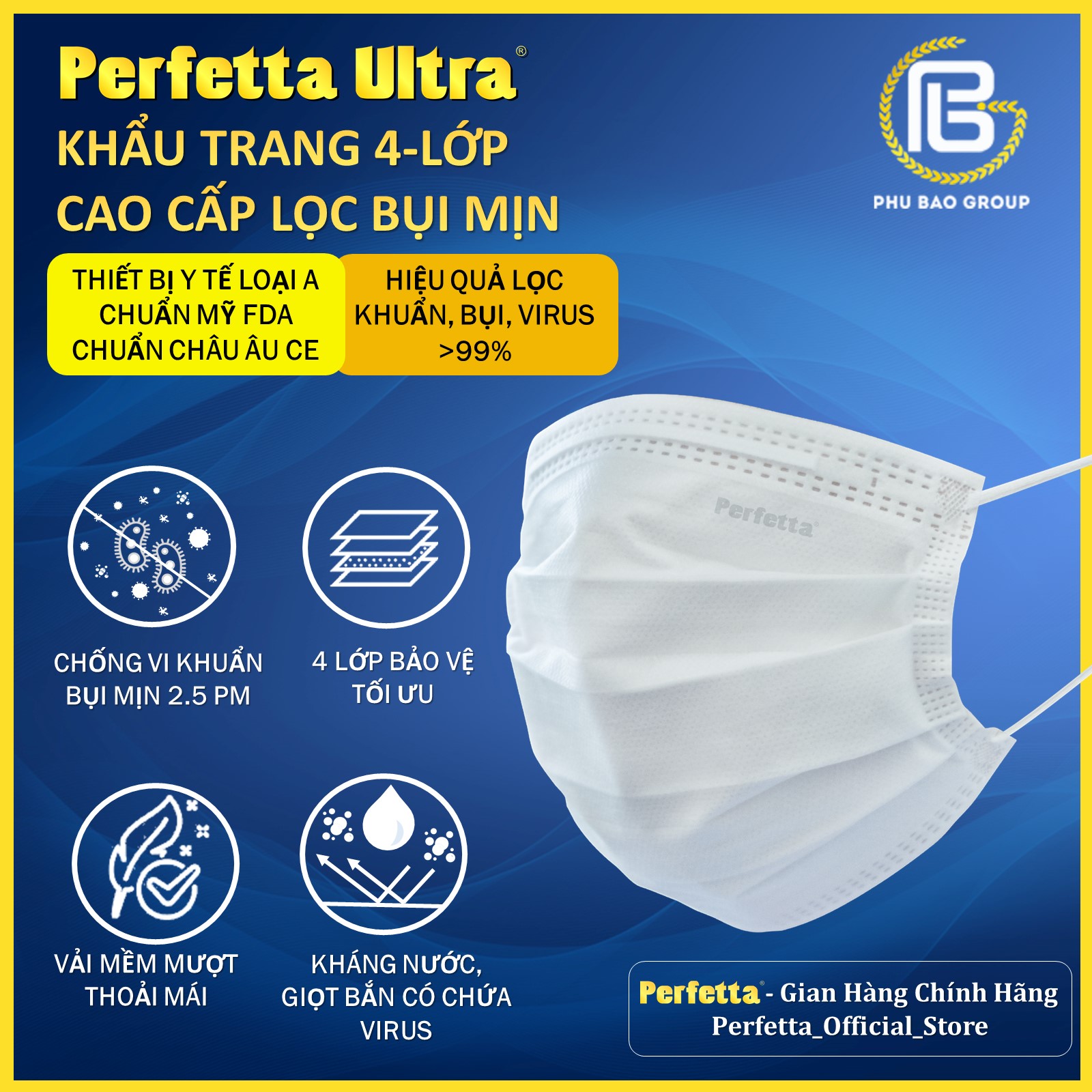 [Combo 5 HỘP - PERFETTA ULTRA] - Khẩu Trang Y Tế Chất Lượng Cao, Kháng Khuẩn, Chống Bụi Mịn PM 2.5, Màu Trắng, 4 Lớp, Bảo Vệ Tối Ưu, Đóng Gói Từng Cái - (35 cái/ hộp)