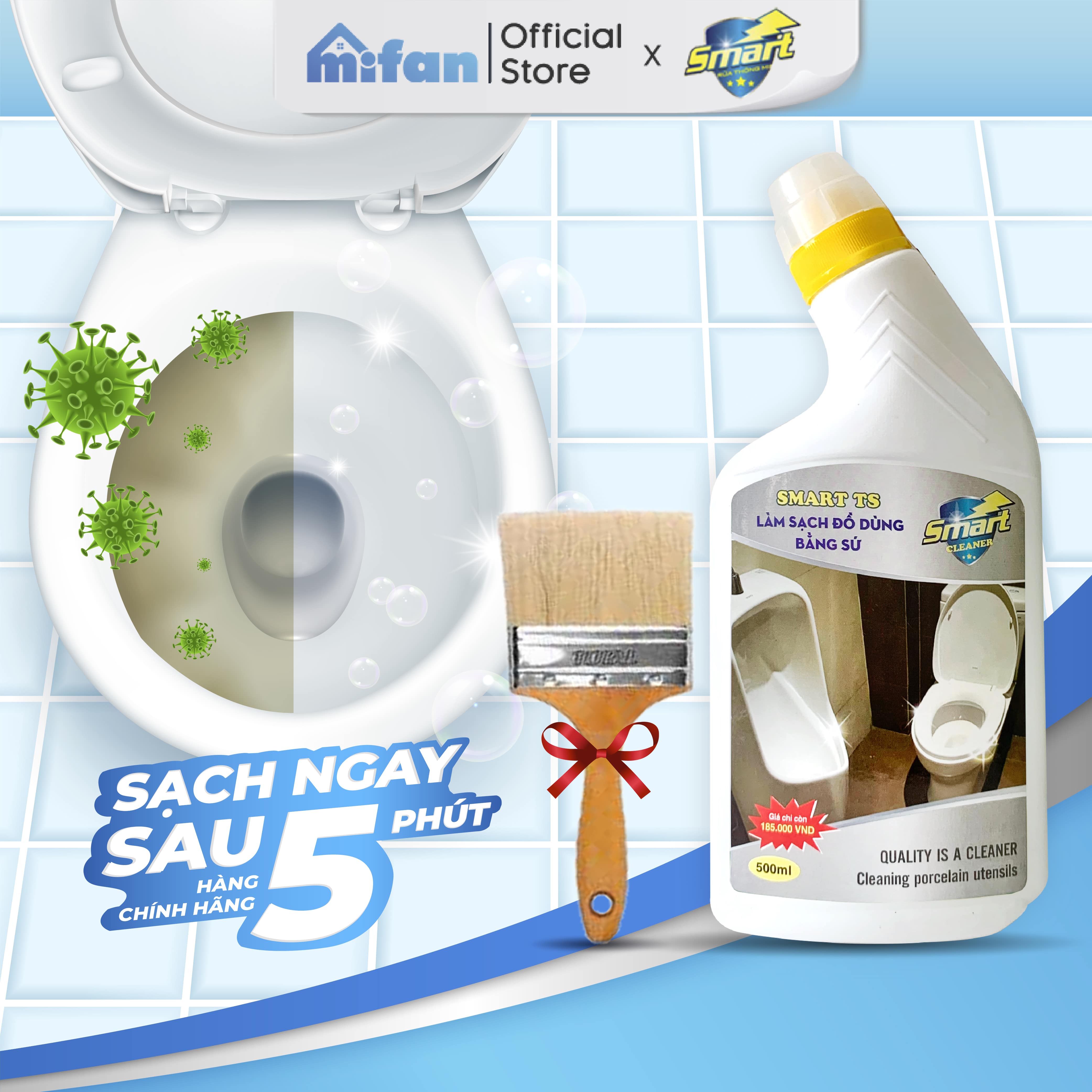 Làm Sạch Tẩy Trắng Đồ Dùng Bằng Sứ Smart Ts - Bồn Cầu, Bồn Tắm, Bồn Rửa - Trắng Ngay Sau 5 Phút Không Cần Cọ Rửa - Tặng Kèm Chổi Lông - - Chai 500Ml
