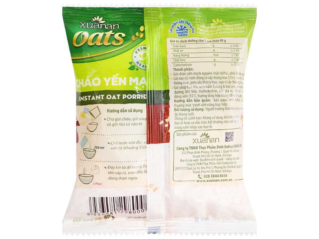 Thùng 30 gói Cháo Yến Mạch - Rau Nấm Xuân An (40g x 30 gói/thùng)