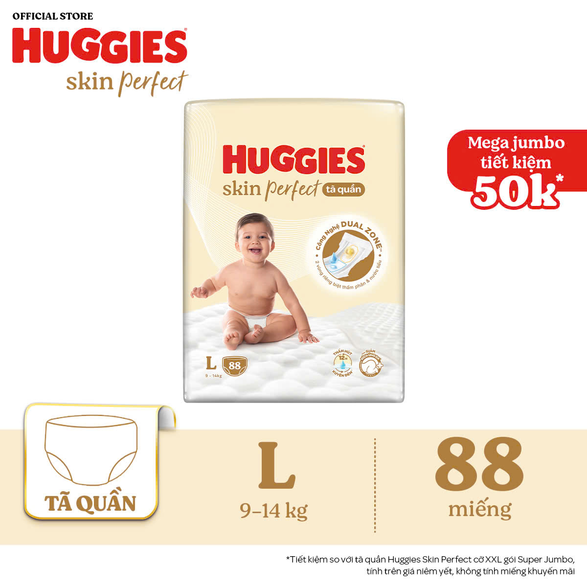 Tã quần Huggies Skin Perfect Mega Jumbo L88 miếng với 2 vùng thấm giảm kích ứng da