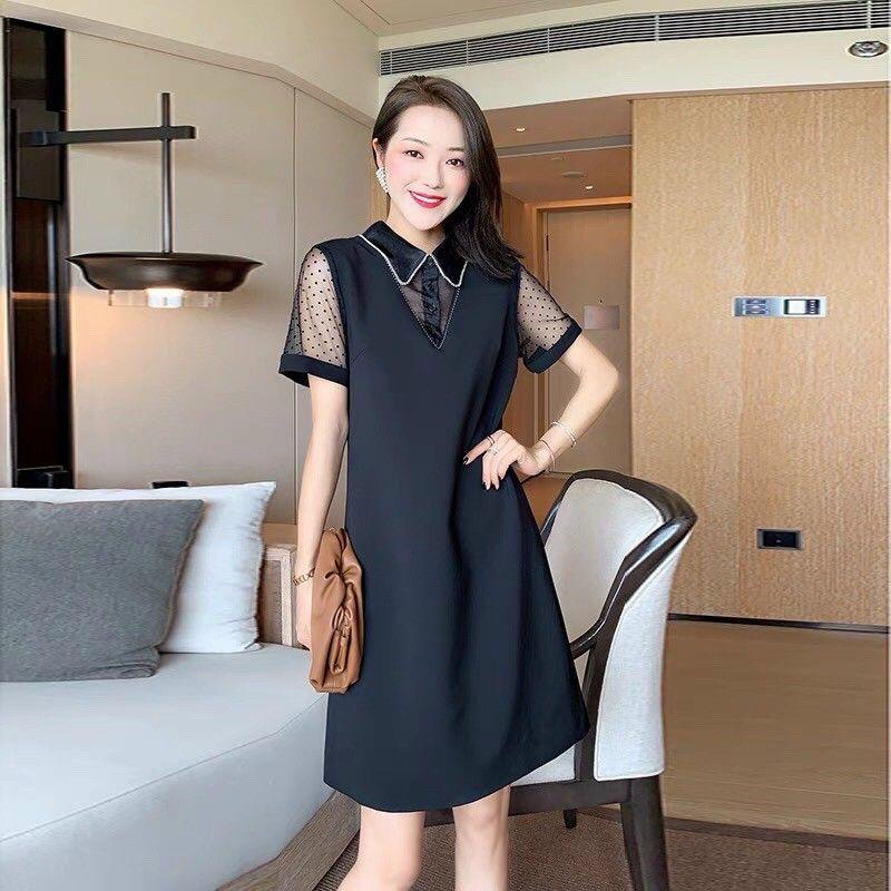ĐẦM SUÔNG TAY LƯỚI CỔ ĐÍNH ĐÁ