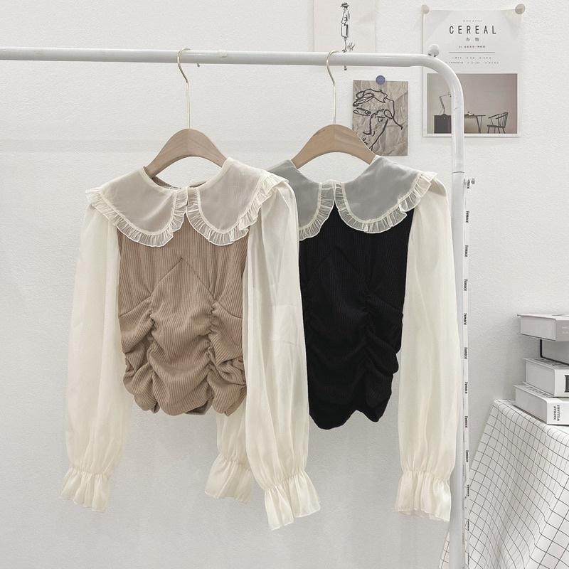 Áo Len Thun Thân Nhúm Tay Phối Cổ Sen 2 Màu Siêu Xinh
