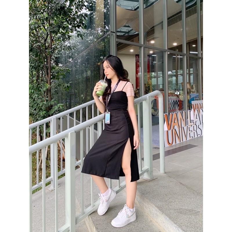 SET váy xẻ đùi dài, áo ren hồng, áo dây đen croptop