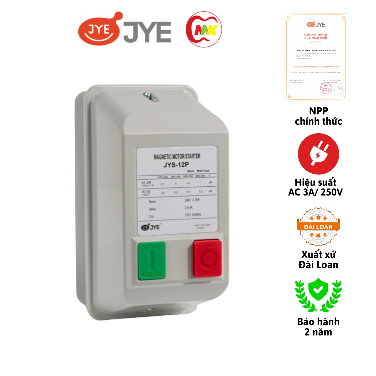 Khởi động từ hộp JYS-12P 1.6~2.5A, 1~1.6A, 2.5~4A, 4~6A, 6~9A, 7~10A, 9~13A JYE hàng chính hãng