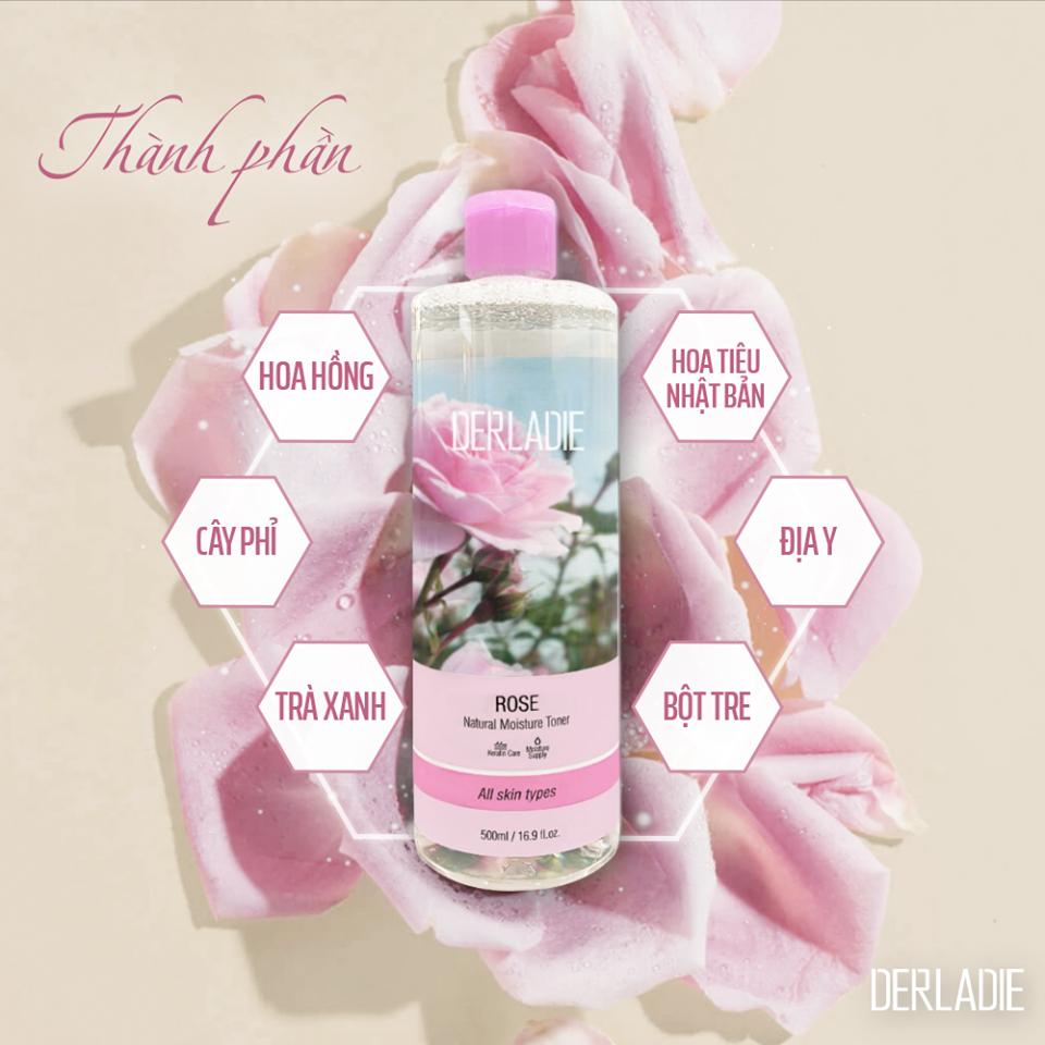 Nước hoa hồng cấp ẩm, phục hồi và se khít da Derladie Rose Natural Moisture Toner 500ml + Tặng Kèm 1 Băng Đô Tai Mèo Xinh Xắn ( Màu Ngẫu Nhiên)