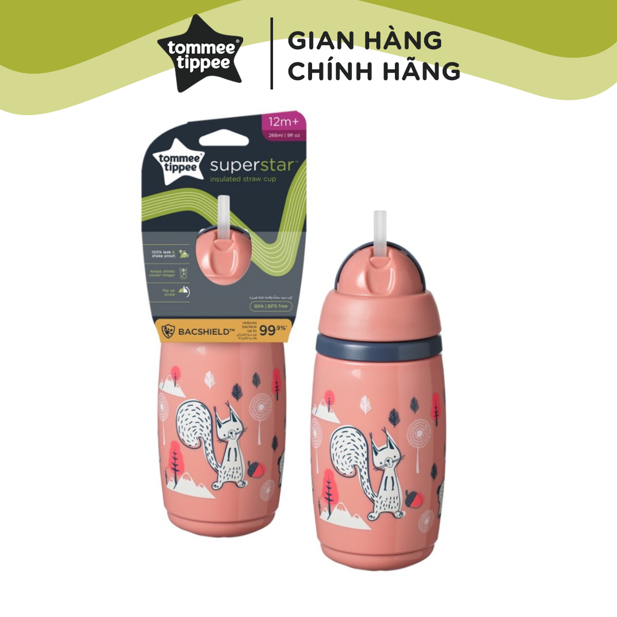 Bình uống nước giữ nhiệt có ống hút kháng khuẩn chống tràn, chống sặc Tommee Tippee SuperStar, 266ml, cho bé từ 12 tháng – Hồng