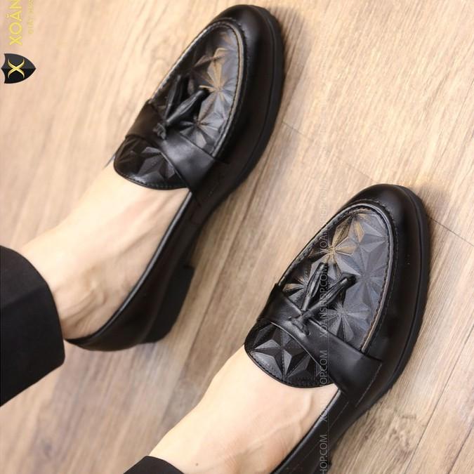 Giày Lười Nam Đẹp Dập Vân 3D Chất Liệu Da PU Đế Cao Su Mã G012 Chuông