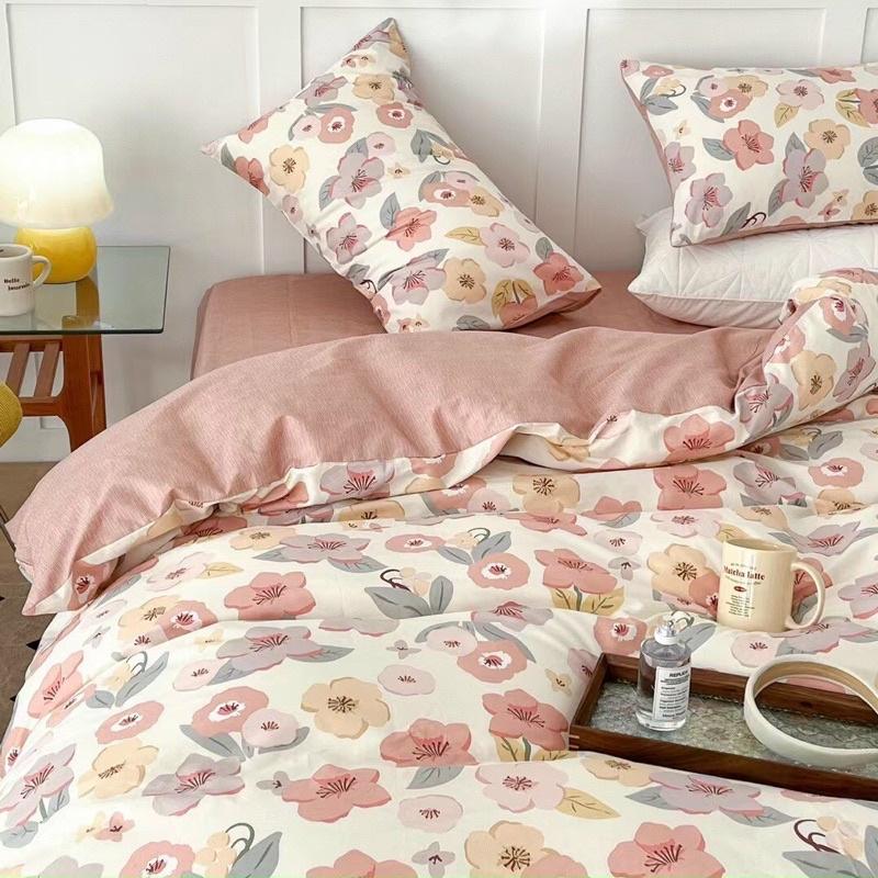 Bộ Chăn Ga Gối Cotton Living 100%Cotton Hàng Nhập Khẩu Cao Cấp 4 Món Hoa Nhí Vintage Hàn Quốc