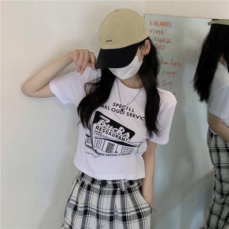 Áo croptop ulzzang in hình, áo thun ôm body sexy tay ngắn Hàn Quốc