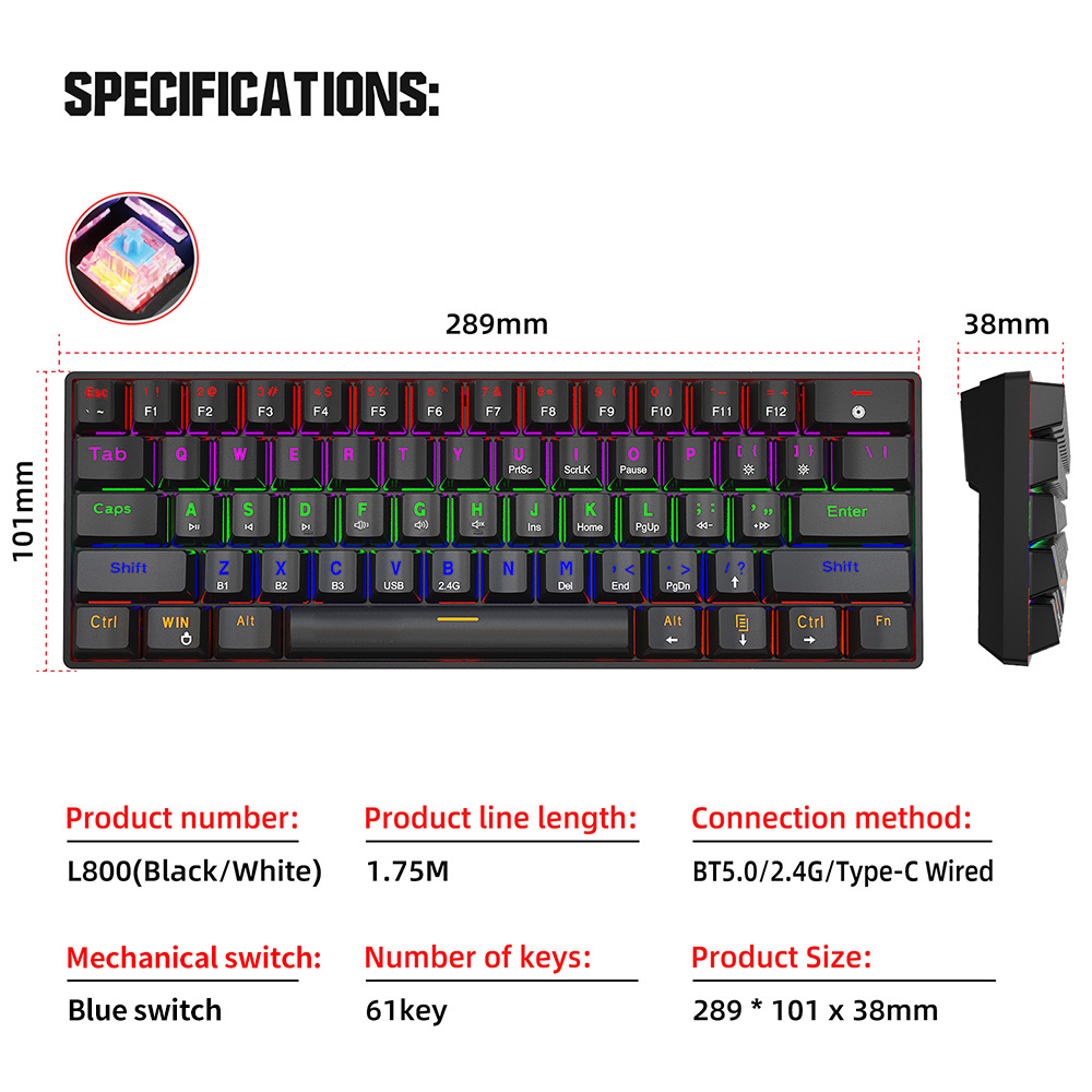 HXSJ L800 Three-mode Mechanical Keyboard 61 Keys RGB Keyboard Support BT5.0/2.4G/USB Wired Connection with Blue Switches