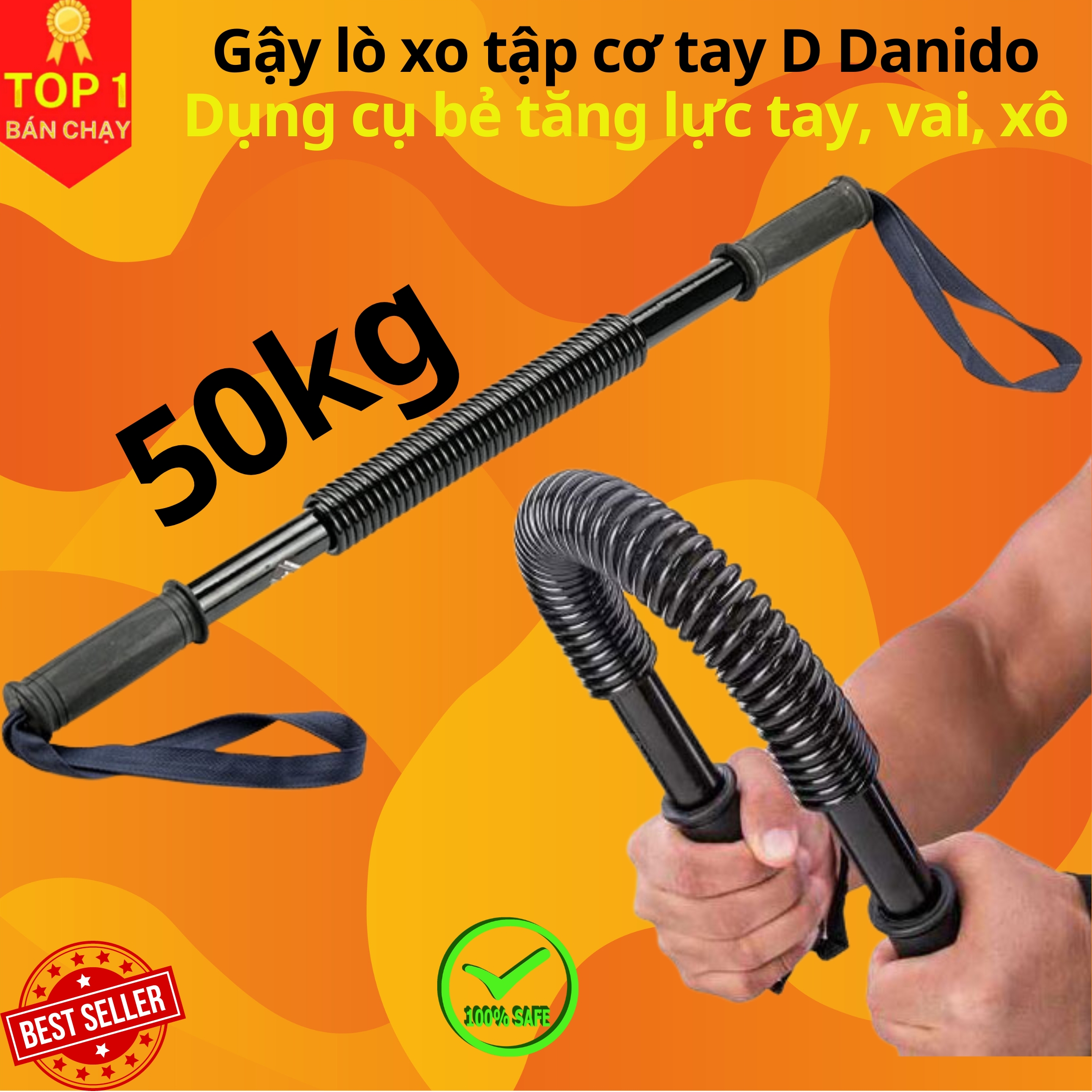 Gậy lò xo tập cơ tay D Danido dụng cụ bẻ tăng lực tay vai xô cơ ngực 40kg 50kg 60kg 100kg gym thể thao hiệu quả - Đen - 50kg