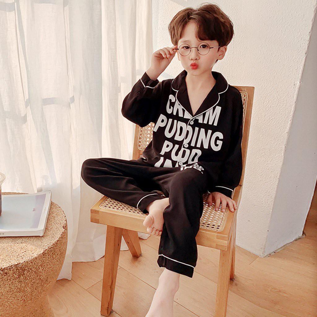 Bộ đồ ngủ dài tay cho bé trai và bé gái mặc đều xinh Pijama lụa dài tay in chữ cho bé từ 6-28Kg sâu shop