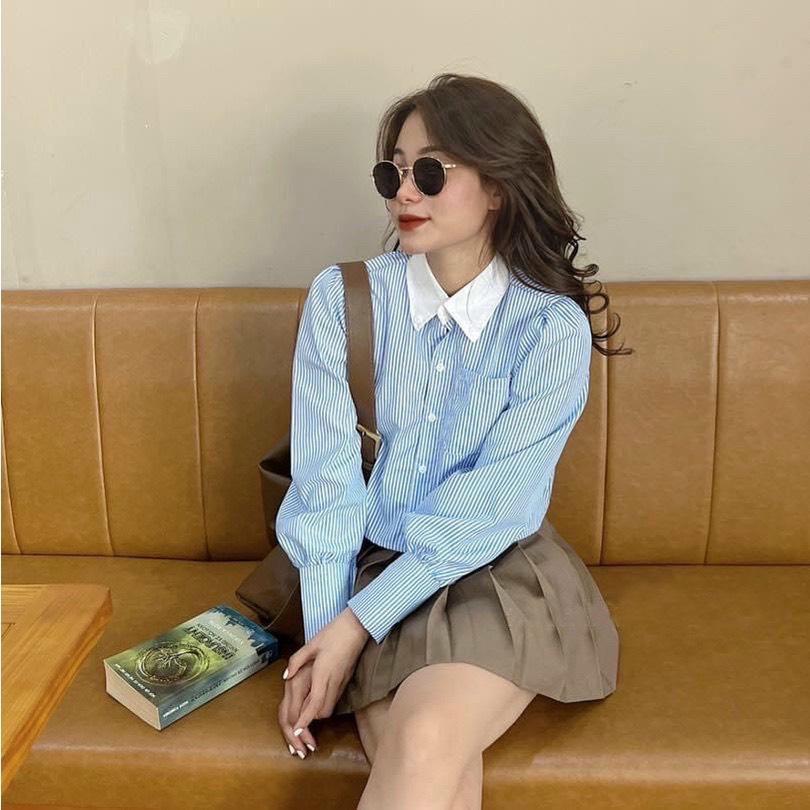 Áo sơ mi nữ croptop kẻ xanh hottrend phong cách Hàn Quốc năng động Kozoda SM90