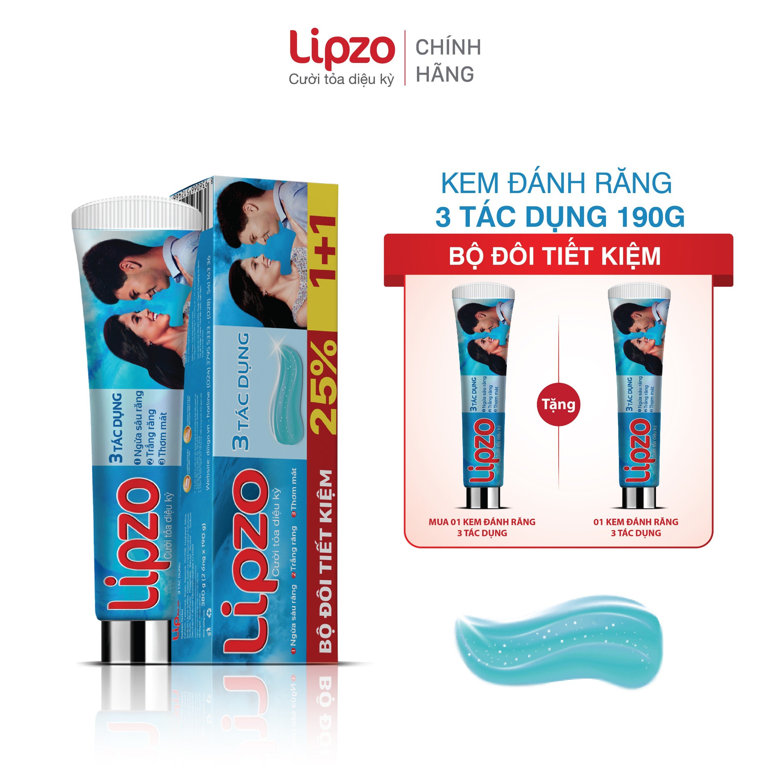 Bộ Đôi Siêu Tiết Kiệm Kem Đánh Răng Lipzo 3 Tác Dụng 02 Tuýp 190Gram Tái Tạo Men Răng Trắng Răng Ngừa Sâu Răng Thơm Mát