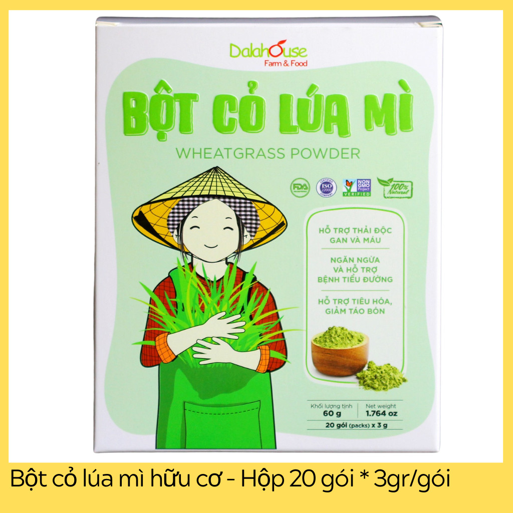 Bột cỏ lúa mì hữu cơ sấy lạnh Dalahouse - Hộp 20 gói 3gr tiện lợi - Hỗ trợ thải độc Gan và Máu, Ngăn ngừa và hỗ trợ tiểu đường, Hỗ trợ tiêu hóa, giảm táo bón