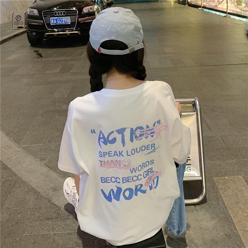 Áo Thun In Chữ Action Áo Thun Tay Lỡ Form Rộng Unisex 38-65kg Nam Nữ Phong Cách Ullzang