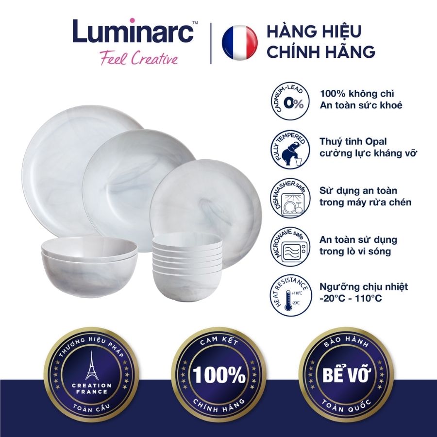 Bộ Bàn Ăn Tô Chén Đĩa Thuỷ Tinh Cường Lực Luminarc Diwali Granit Marble 12ps - LUDIGR12M