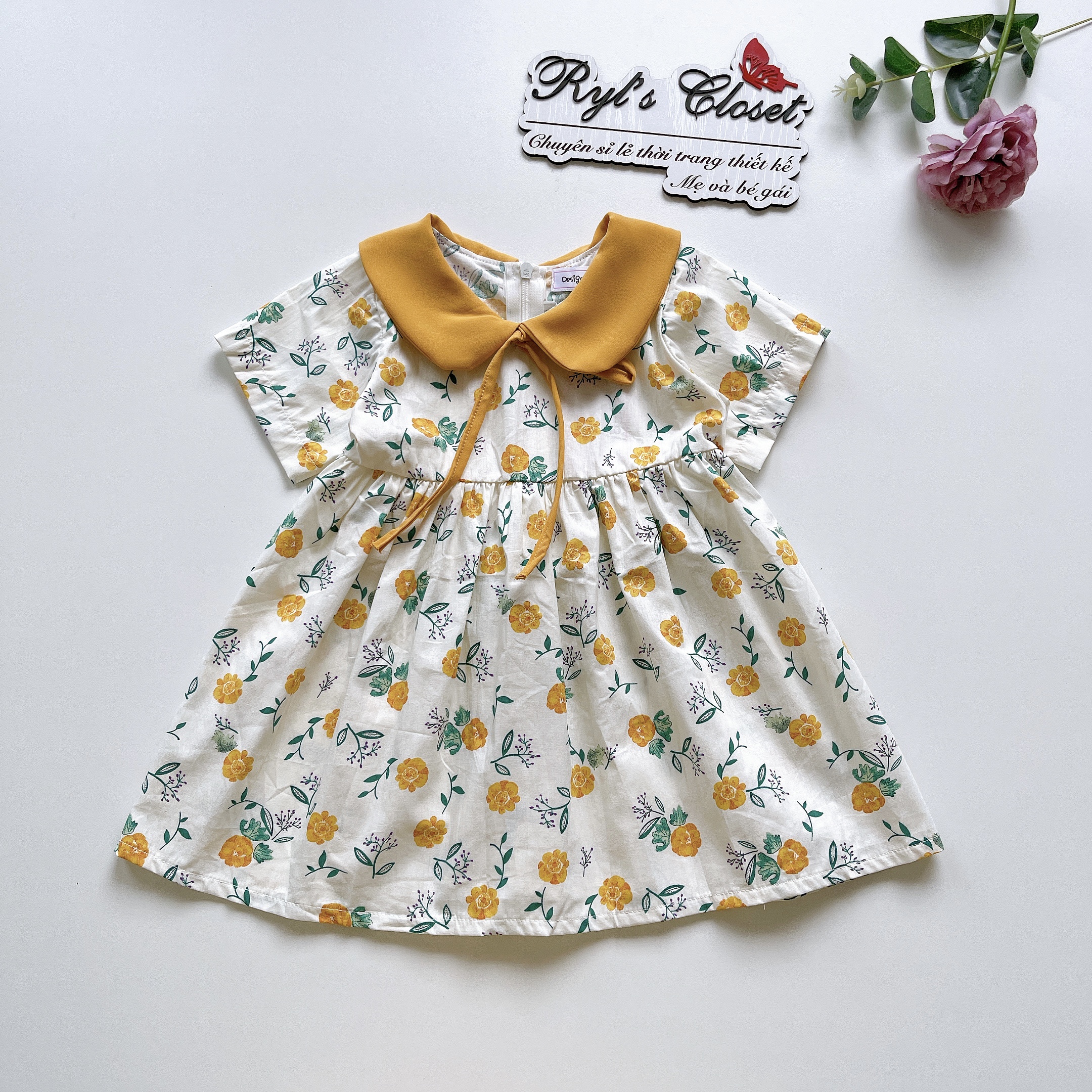 Váy Cổ Sen Bé Gái 4 Đến 18kg Chất Thô Hoa Phối Đũi Cara
