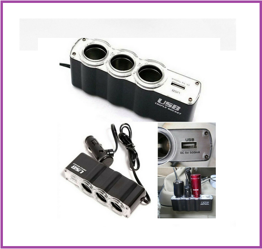 Bộ chia tẩu sạc dùng cho ô tô, xe hơi với 3 lỗ tẩu sạc kết hợp 1 cổng USB
