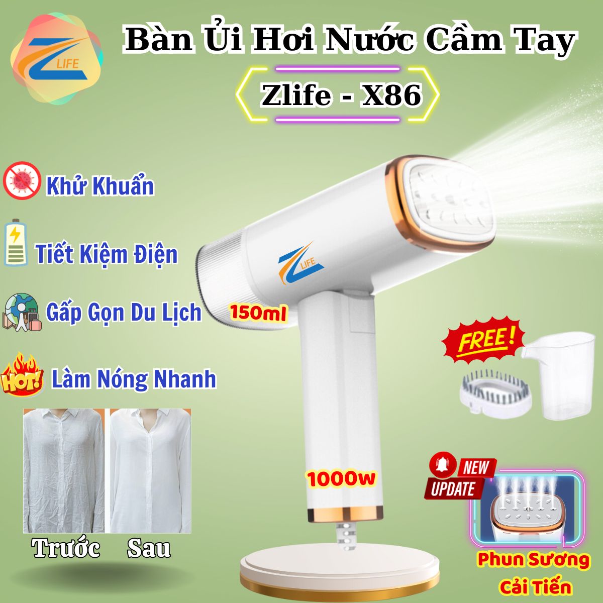 Bàn ủi hơi nước cầm tay Zlife nhập chính hiệu, Bàn là hơi nước cầm tay mini công suất 1000w là thẳng mọi loại vải, máy ủi hơi nước cầm tay làm nóng nhanh dễ dàng sử dụng gấp gọn vali du lịch