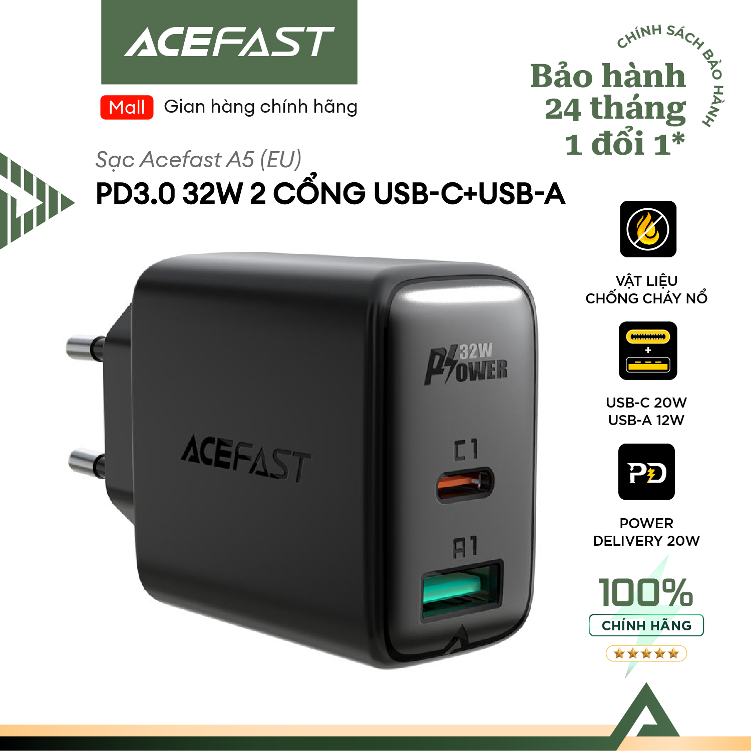 Hình ảnh Sạc Acefast PD3.0 65W 3 cổng USB-C+USB-C+USB-A (EU) - A13 Hàng chính hãng Acefast