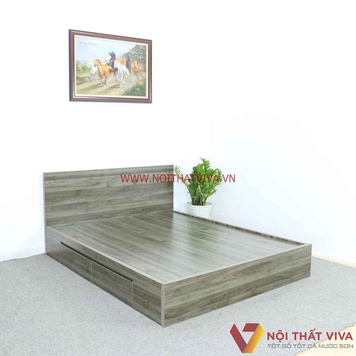 Giường Ngủ Gỗ MDF Phủ Melamine Cao Cấp Màu Xanh Rêu Hộc Kéo Viva