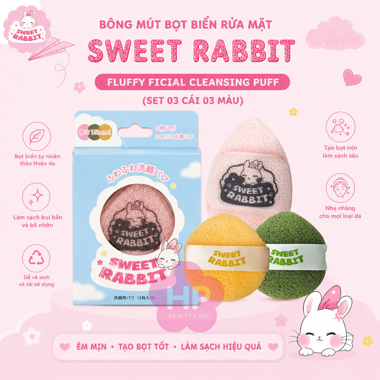 Bông Mút Bọt Biển Rửa Mặt Sweet Rabbit Fluffy Facial Cleansing Puff (Set 03 Cái 03 Màu)
