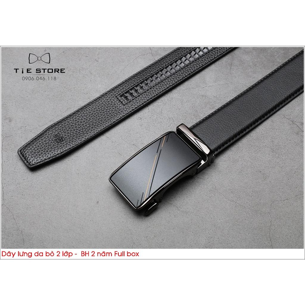 Thắt Lưng Nam Da bò 2 lớp, dây lưng công sở cao cấp BH 2 năm Full box - Mặt liền khóa tự động màu đen