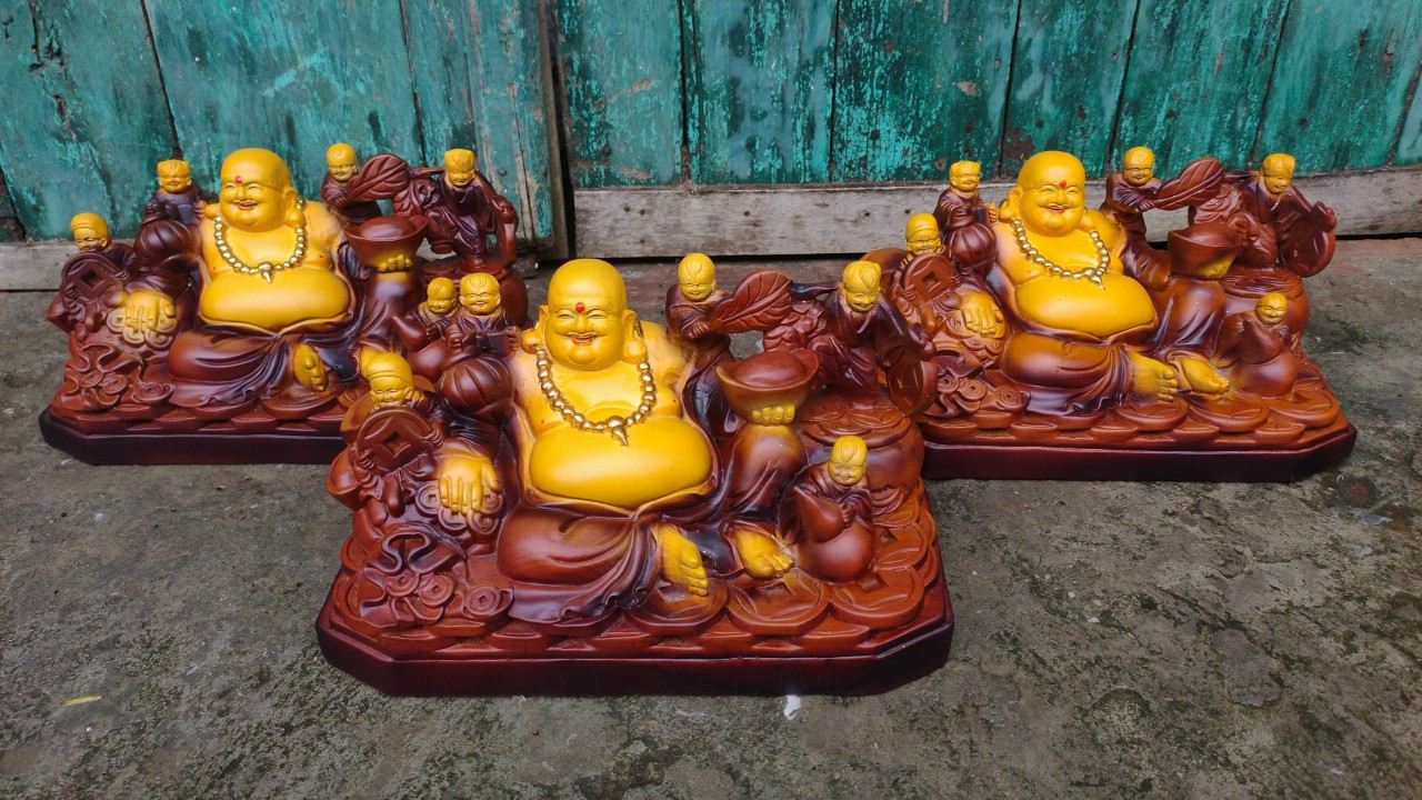 Tượng phật di lặc ngũ phúc bằng gỗ hương đá làm mầu giả cổ kt 30×15×15cm