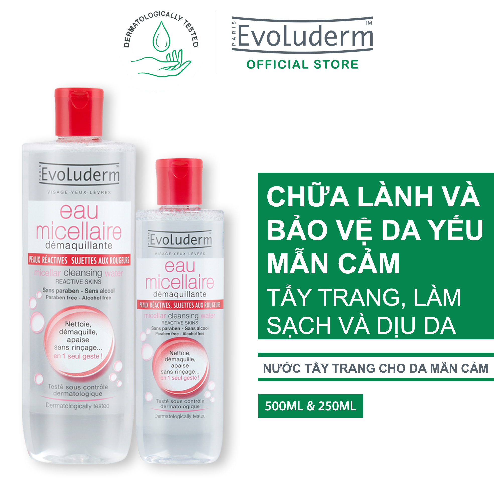 Bộ nước tẩy trang Evoluderm dành cho da Mẫn Cảm và Kích ứng 250ml + 500ml