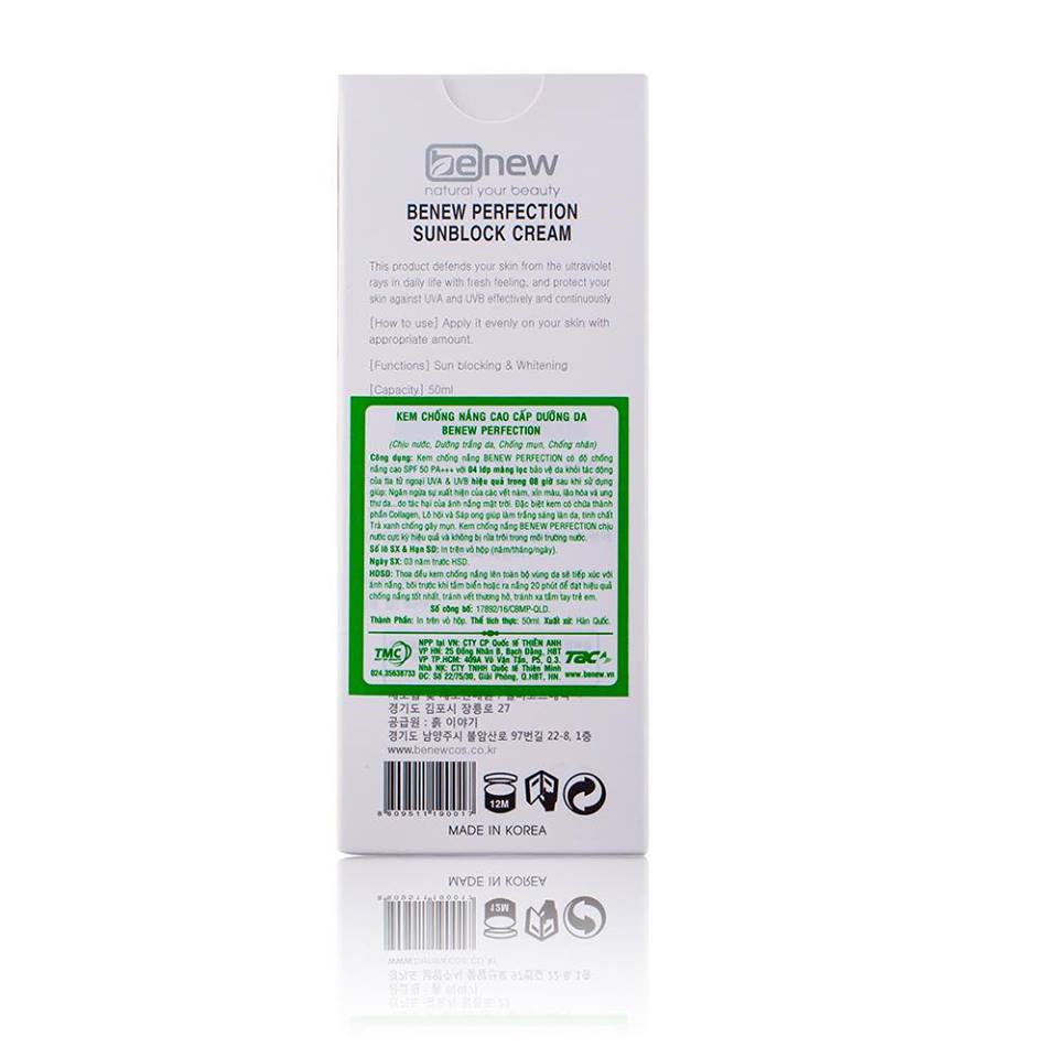 Kem chống nắng cao cấp Hàn Quốc Benew Perfection Sunblock Cream - Hàng Chính Hãng