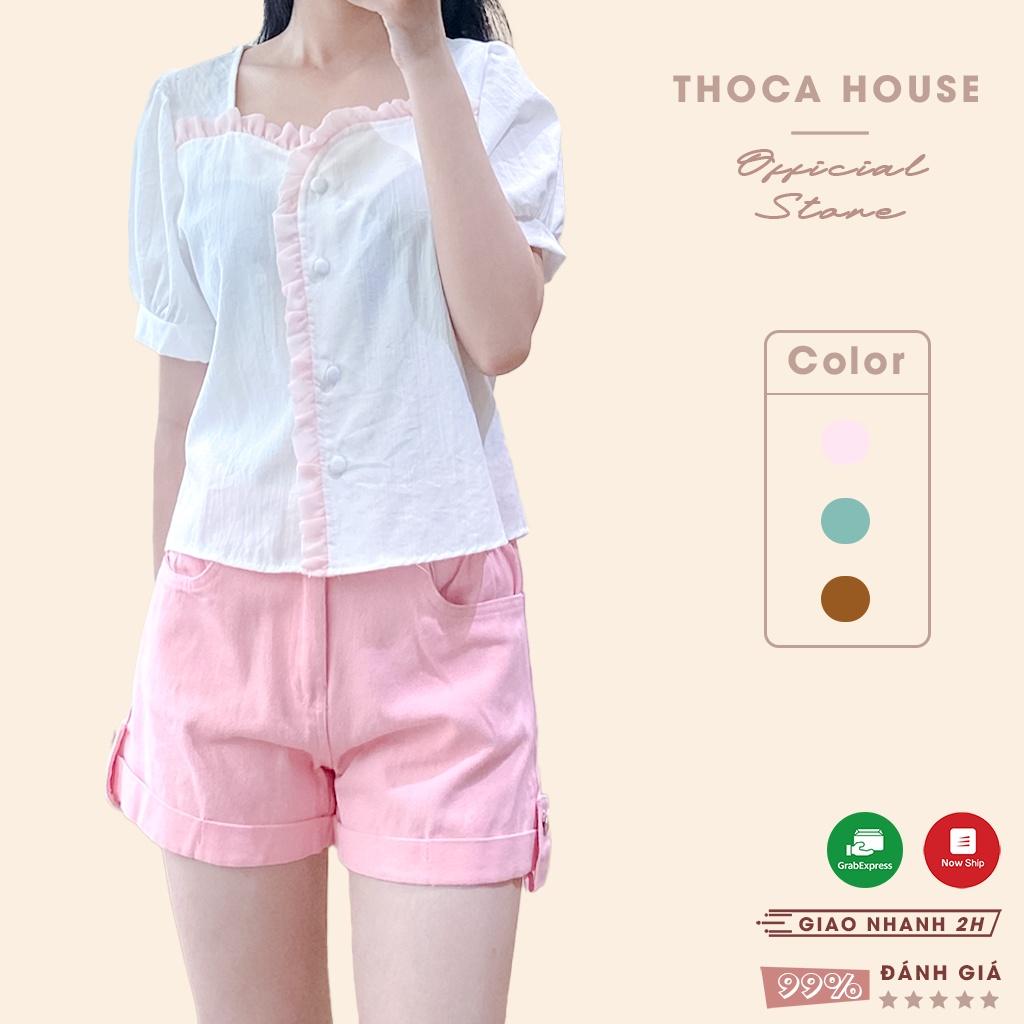 Áo kiểu nữ croptop bèo tay ngắn phối viền màu THOCA HOUSE mặc đi làm, đi học, dạo phố