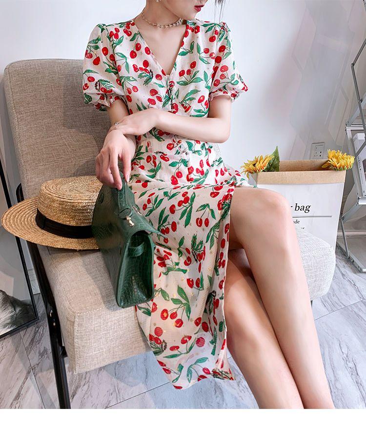 SHUANGYAN 2021 mùa hè thắt lưng ngọt ngào trà nghỉ váy nữ Pháp anh đào chiffon hoa bong bóng tay áo đầm dài