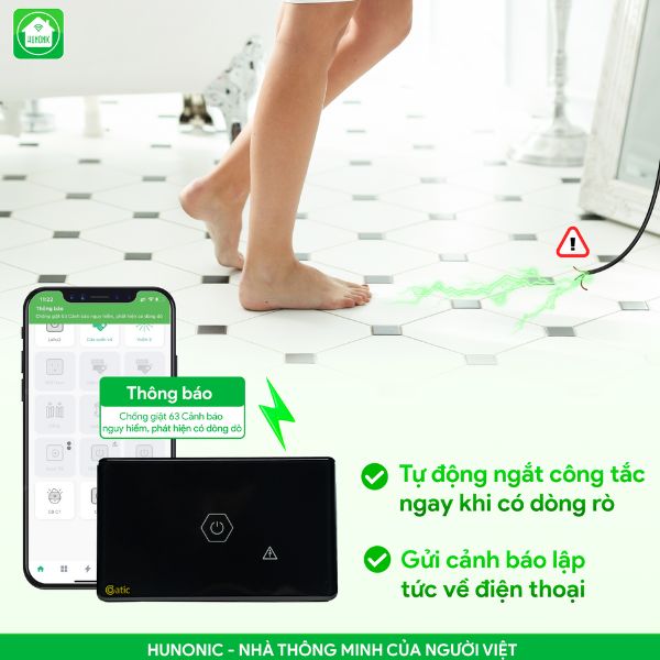 Công Tắc Chống Giật Bình Nóng Lạnh Thông Minh HUNONIC LUXYRY Hình Chữ Nhật VIền Vàng
