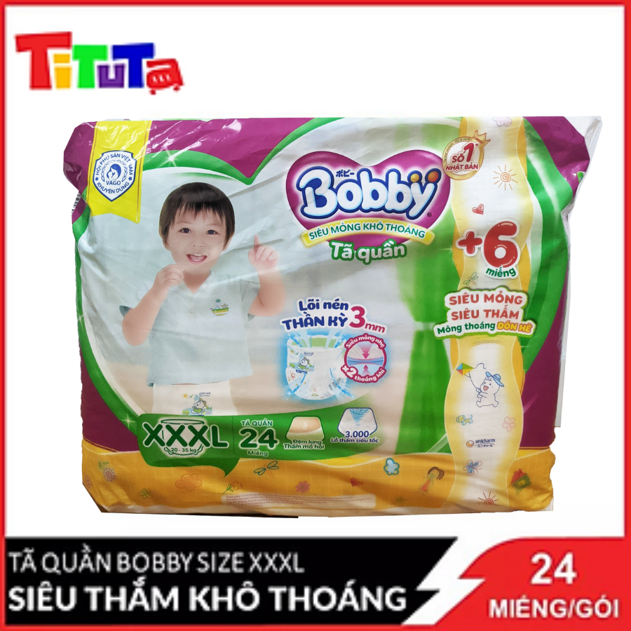 Tã Quần Bobby - Đệm Lưng Thấm Mồ Hôi XXXL24 (24 Miếng) - Tặng 6 Miếng Trong GóI