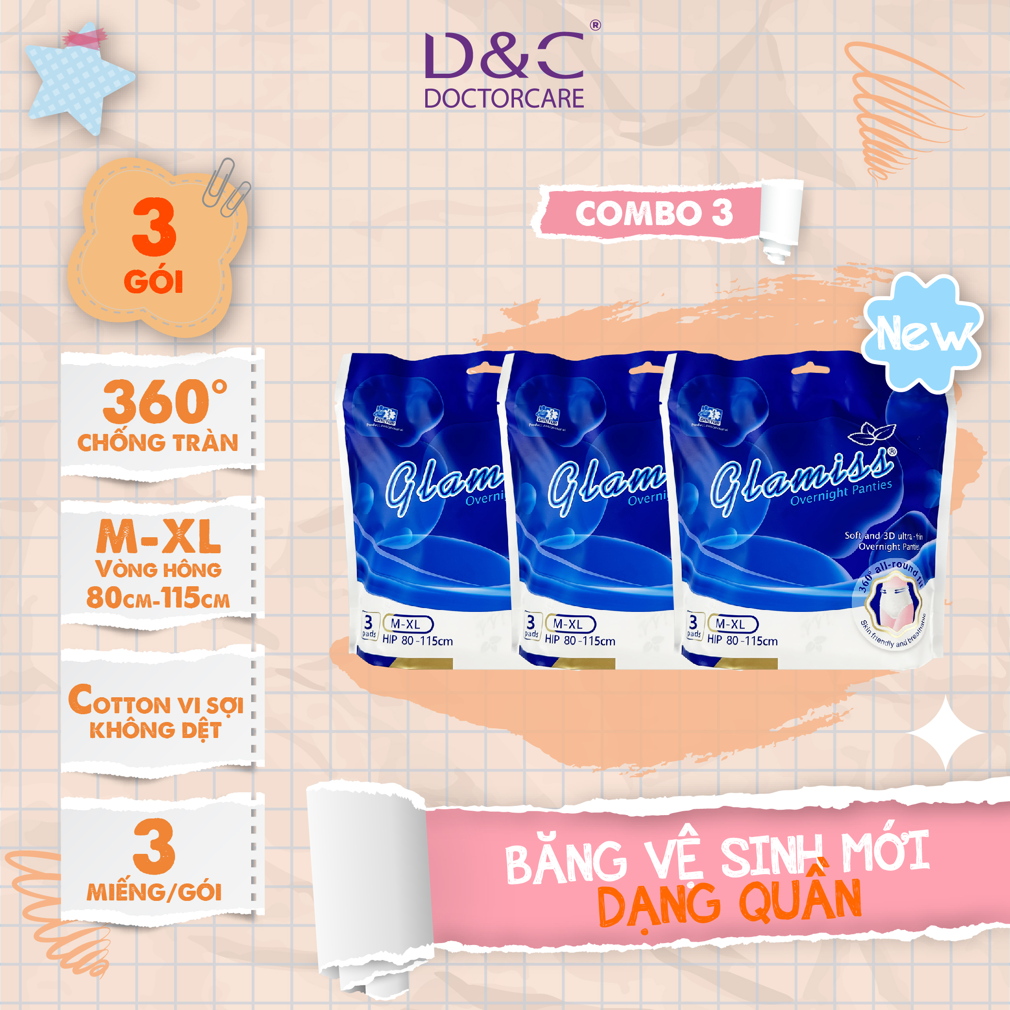 Combo 3 gói băng vệ sinh dạng quần Glamiss ban đêm size M-XL siêu mỏng, bề mặt 2 lớp siêu mềm mịn